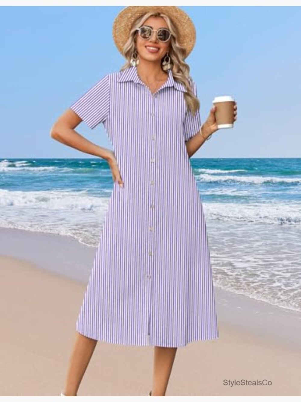 Summer Midi Button Down Shirt Dress A-Line Short Sleeve Beach Cover Up - Picture 3 of 7